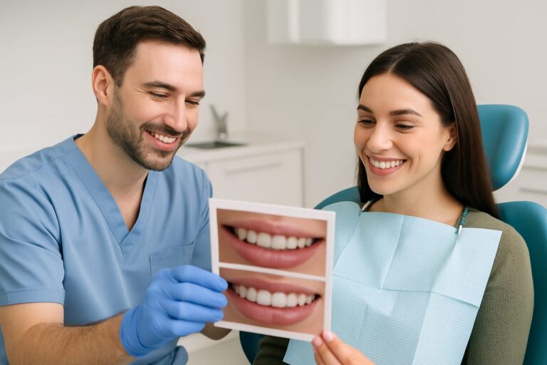 A smiling woman in the dental chair looking at before and after photos of cosmetic dentistry work with her cosmetic dentist. The background is a clean and modern dental office. No text on the image.