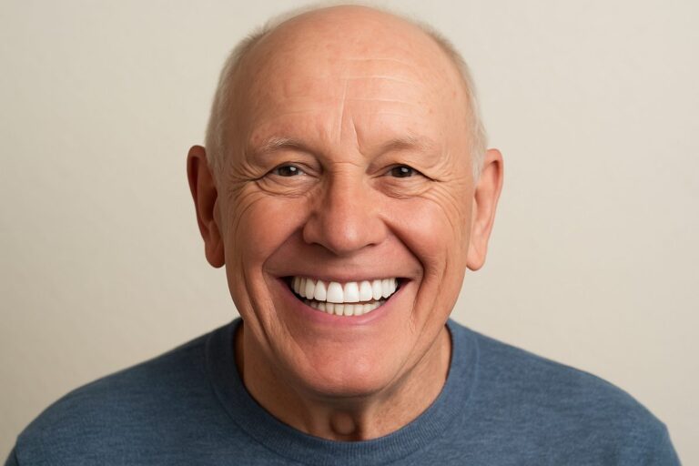 Image of a senior man smiling, showcasing a full set of newly installed dental implants. No text on image.