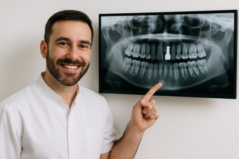 Image of a dentist smiling and pointing to a digital x-ray of a patient's mouth showing a successfully placed dental implant. No text on image.