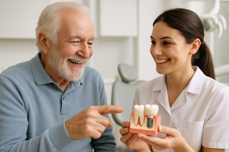 Photo of a smiling senior man talking to his dentist, pointing to a dental implant model. No text on image.