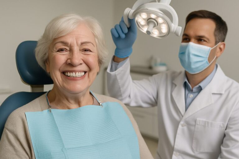 Image of a smiling senior woman in a dental chair, confidently displaying her new set of dental implants, with a dentist adjusting the lighting. No text on image.