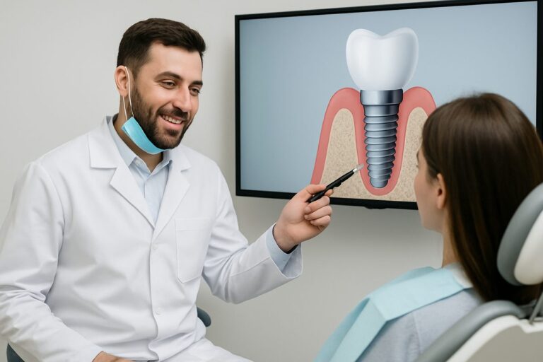 Image of a dentist speaking to a patient about a dental implant, while pointing to a diagram of an implante dental on a screen. No text on the image.