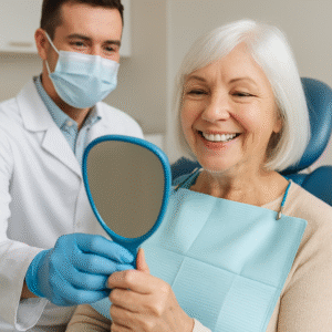 Image of a smiling senior woman in a dental chair, admiring her new set of All-on-4 dental implants in a mirror, with a dentist adjusting the mirror. No text on image.