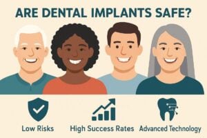 An infographic titled "Are Dental Implants Safe?" showing a diverse group of smiling people with dental implants, alongside icons representing low risks, high success rates, and advanced technology. No text on the faces of the people.