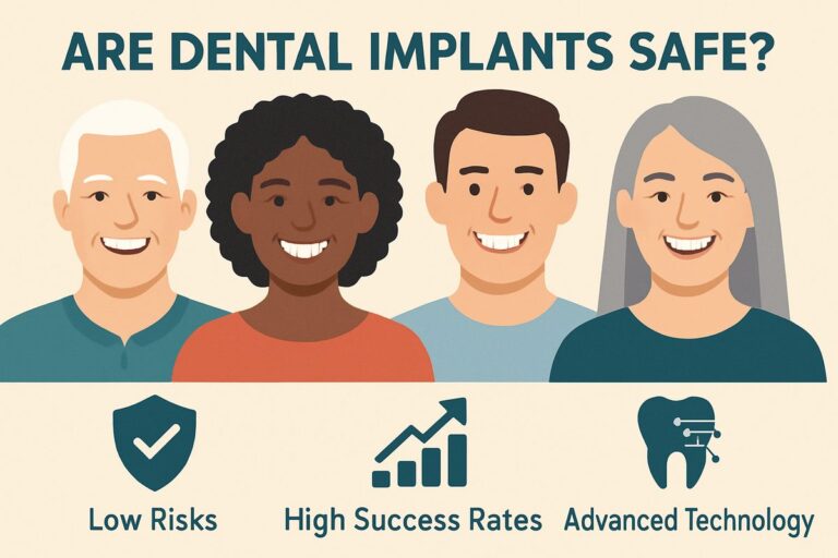 An infographic titled "Are Dental Implants Safe?" showing a diverse group of smiling people with dental implants, alongside icons representing low risks, high success rates, and advanced technology. No text on the faces of the people.