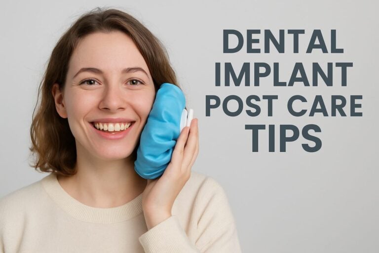 Image of a patient who has just received a dental implant smiling with a guide that says "Dental Implant Post Care Tips". The patient is holding an ice pack to their cheek.