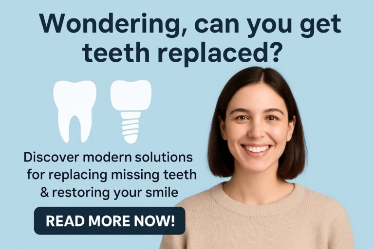 Image of a dentist explaining different teeth replacement options (implants, bridges, dentures) to a patient using models and X-rays. No text on the image.
