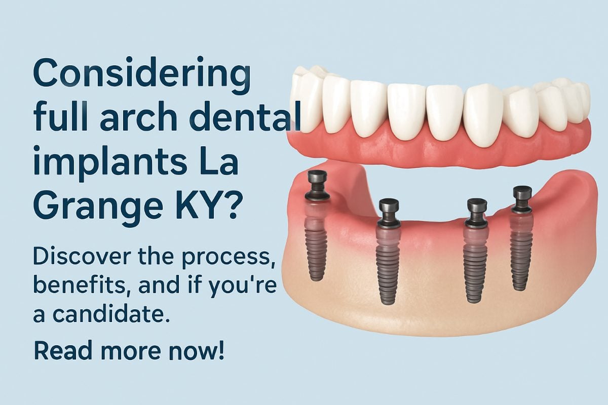 Photo of a dentist explaining the full arch dental implant procedure to a patient, using a model of a jaw with implants and a bridge. No text on image.