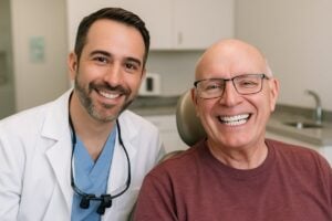 Image of a dentist smiling with a patient who has just received full mouth dental implants in one day. The patient is also smiling, showcasing their new teeth. No text on the image.