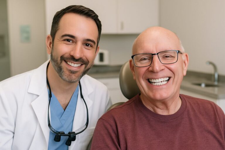 Image of a dentist smiling with a patient who has just received full mouth dental implants in one day. The patient is also smiling, showcasing their new teeth. No text on the image.