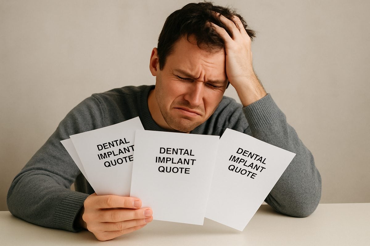 A person looking stressed and overwhelmed while holding different dental implant quotes. The image should convey the confusion and frustration of trying to find "the cheapest dental implants." No text on image.