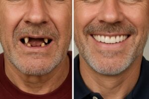 Before and after photo of a patient who received full arch dental implants. The before photo shows missing and damaged teeth, while the after photo showcases a complete and natural-looking set of teeth. No text on image.