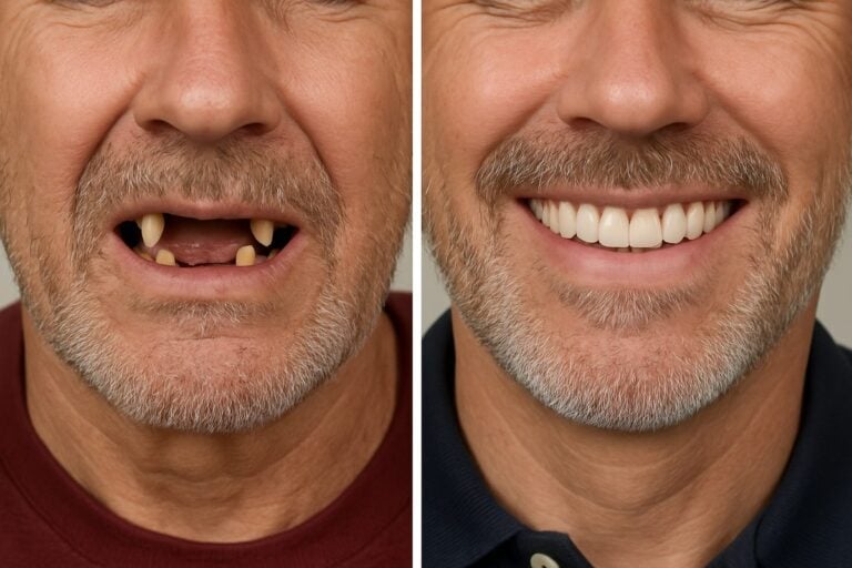 Before and after photo of a patient who received full arch dental implants. The before photo shows missing and damaged teeth, while the after photo showcases a complete and natural-looking set of teeth. No text on image.