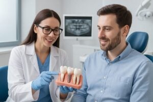 A modern dental office setting with a dentist explaining dental implant options to a patient, using a 3D model to illustrate the process. No text on the image.