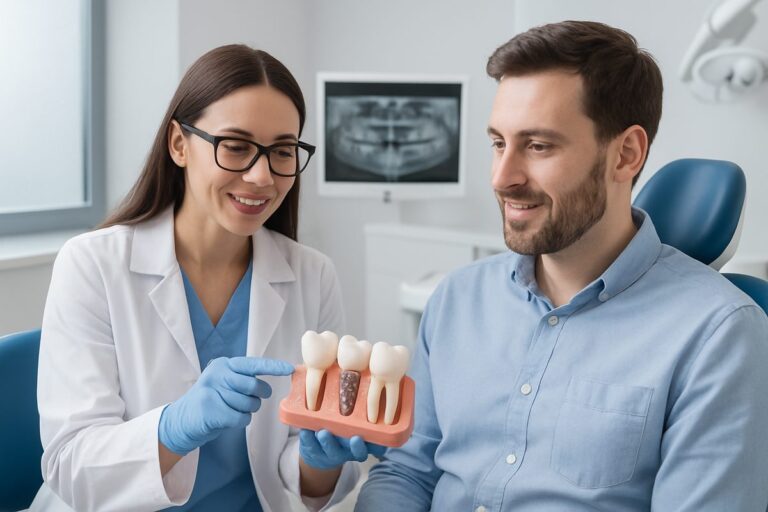 A modern dental office setting with a dentist explaining dental implant options to a patient, using a 3D model to illustrate the process. No text on the image.