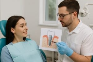 Image of a patient in a dental chair, with a dentist pointing to a diagram of a jawbone with a dental implant, highlighting the osseointegration process. No text on the image.