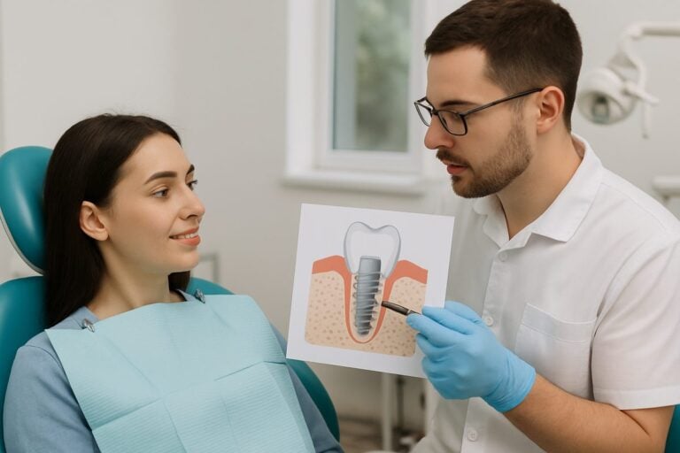 Image of a patient in a dental chair, with a dentist pointing to a diagram of a jawbone with a dental implant, highlighting the osseointegration process. No text on the image.
