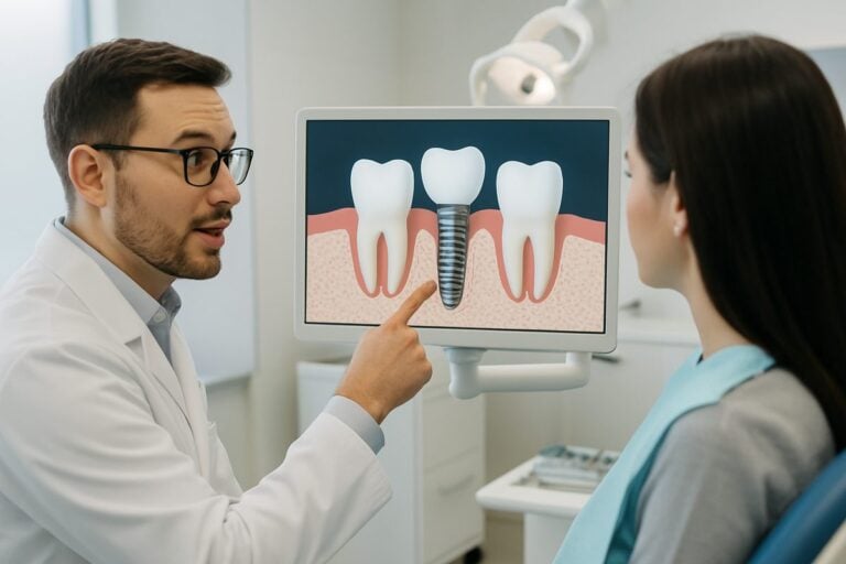 Image of a dentist explaining the process of a dental implant on a digital screen, highlighting the titanium post, abutment, and crown, to a patient in a dental office setting. No text on the image.