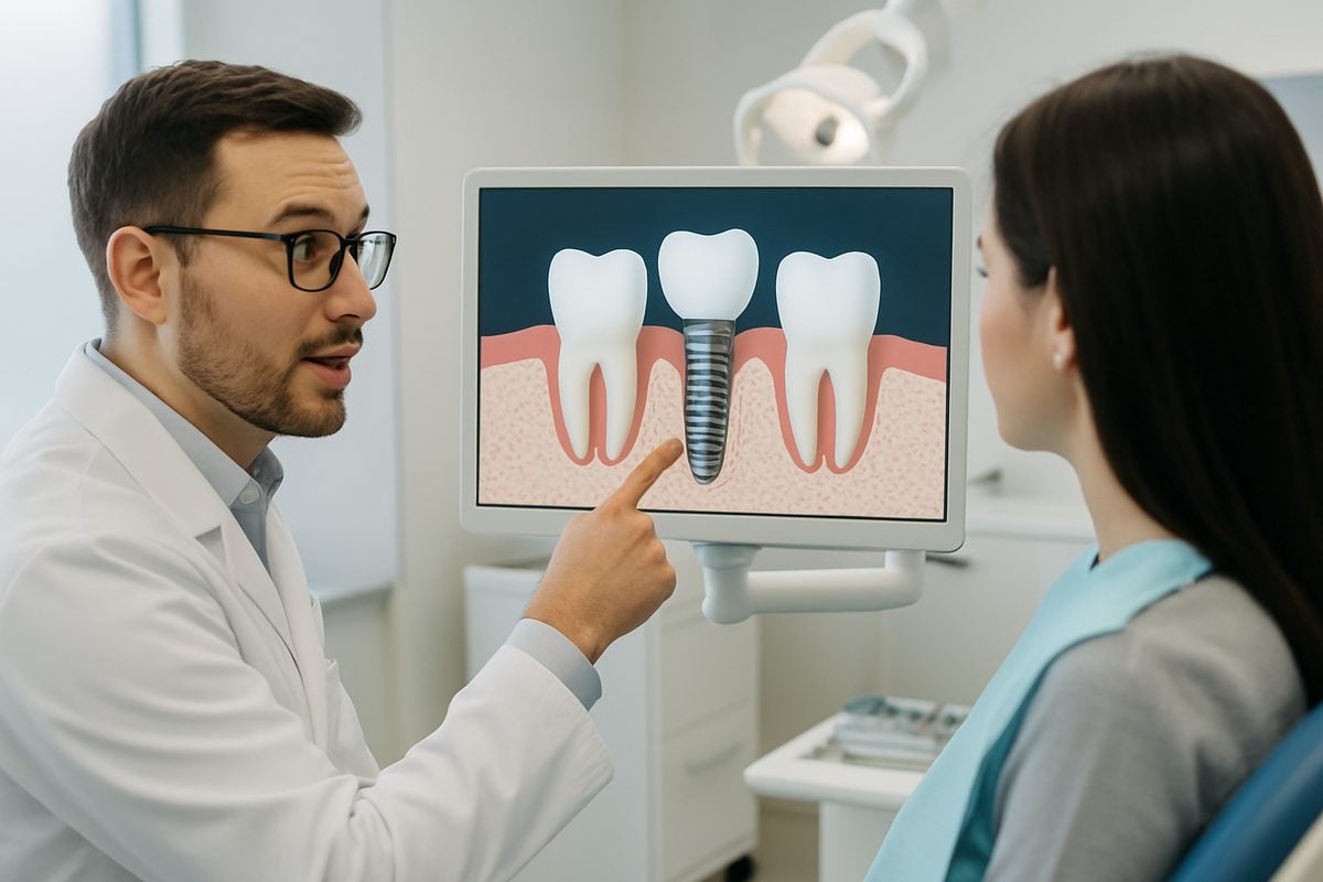 Image of a dentist explaining the process of a dental implant on a digital screen, highlighting the titanium post, abutment, and crown, to a patient in a dental office setting. No text on the image.