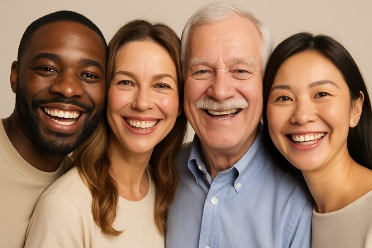 A diverse group of people smiling with different dental teeth replacement options. No text on the image.