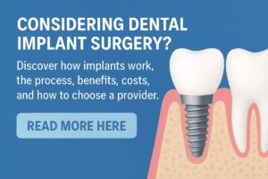 Close up image of a dentist pointing to a titanium implant post inside a patient's open mouth. The dentist is using an intraoral camera, with the implant site visible on the screen. No text on image.
