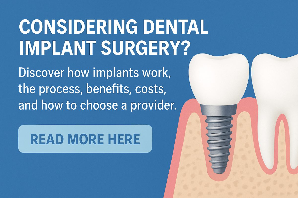 Close up image of a dentist pointing to a titanium implant post inside a patient's open mouth. The dentist is using an intraoral camera, with the implant site visible on the screen. No text on image.