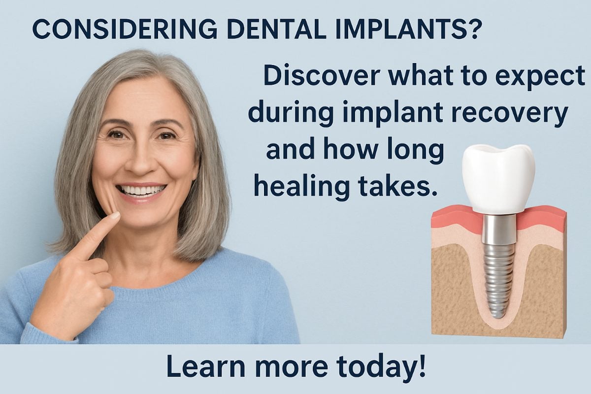 A close-up of a dental implant site in a patient's mouth, highlighting the healing process with healthy gum tissue forming around the implant. No text on image.