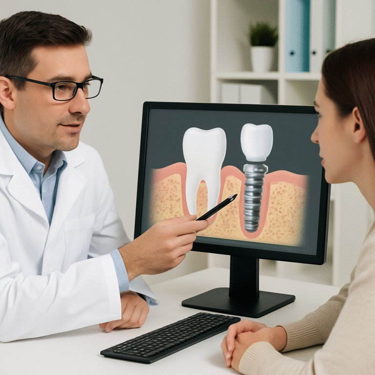 Photo of a dentist consulting with a patient about the cost of dental implants per tooth. The dentist is pointing to a diagram of a dental implant on a computer screen, illustrating the different components and procedures involved. No text on the image.