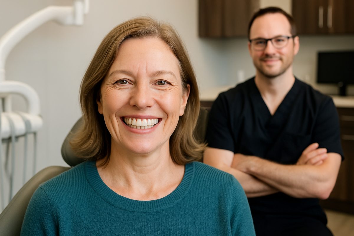 Image of a smiling patient with newly installed dental implants, showcasing a natural-looking and confident smile. The setting is a modern dental office in La Grange, KY, with the dentist, Dr. Bradley Harmon, visible in the background. No text on the image.