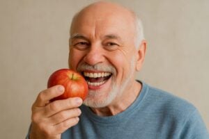 Image of a smiling senior man with a full set of denture implants, confidently eating an apple. No text on image.