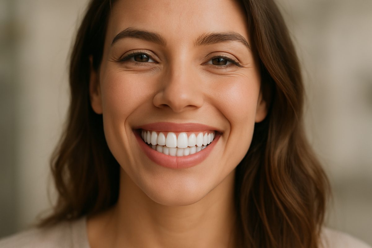 Image of a person smiling with a full set of brand new, white, perfectly aligned teeth. The background is blurred to emphasize the smile. No text on image.
