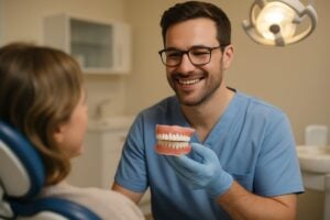 An image showcasing a dentist smiling while holding a full set of gleaming, new dentures in front of a patient, ready for placement. The setting is a modern dental office with soft, inviting lighting, to convey comfort and professionalism. No text on image.