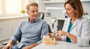 Patient consulting with dentist about molar dental implants