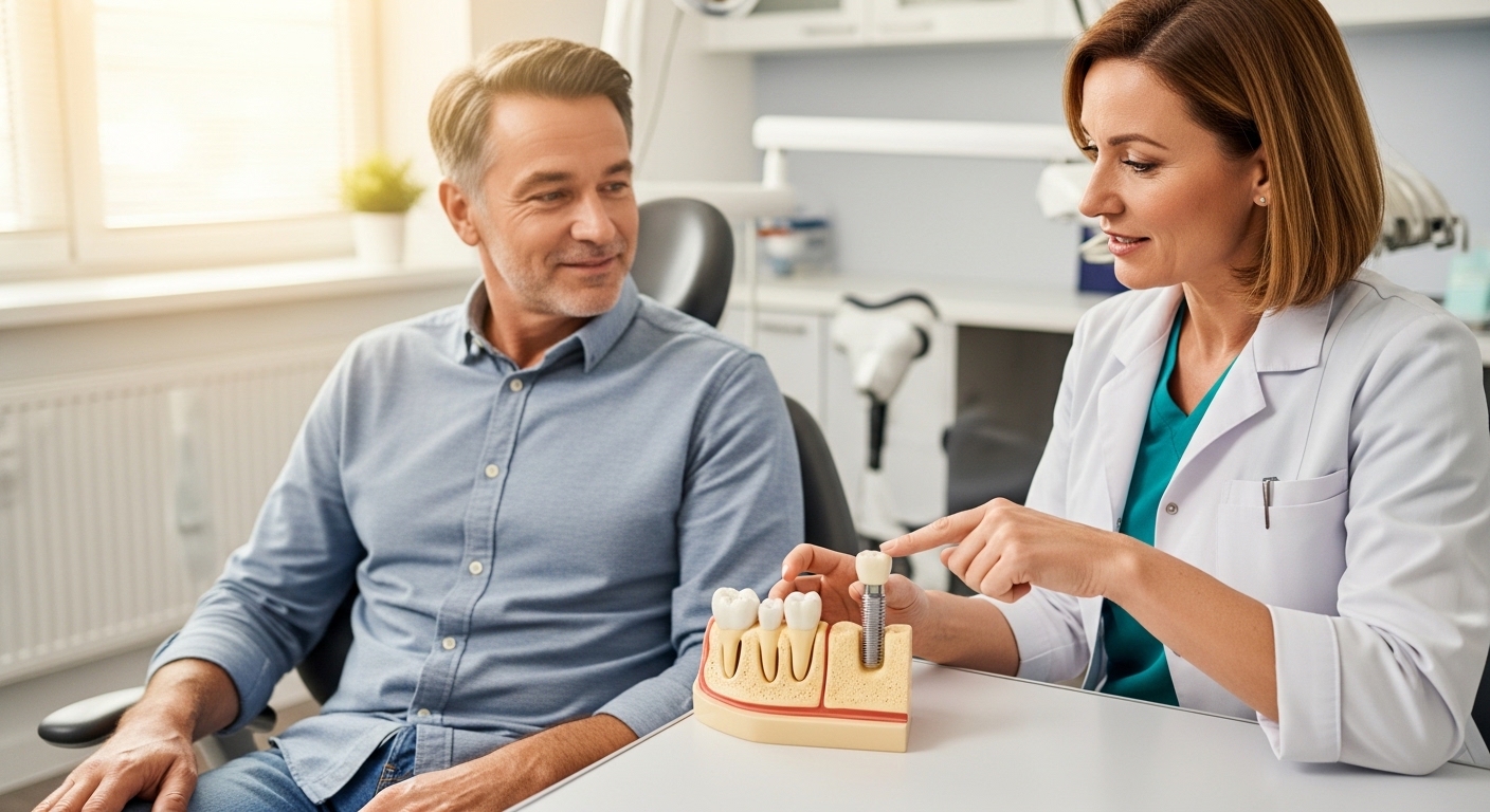 Patient consulting with dentist about molar dental implants