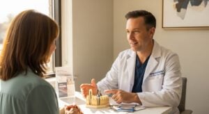 Dentist explaining metal implant options in a modern dental office