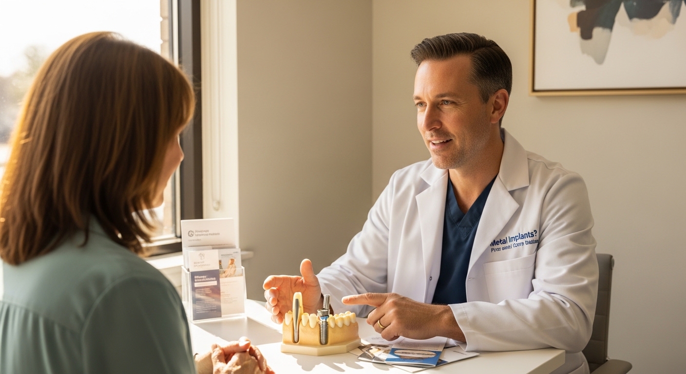 Dentist explaining metal implant options in a modern dental office