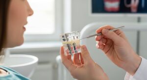 Dentist explains tooth implant screw to a patient in a modern dental office