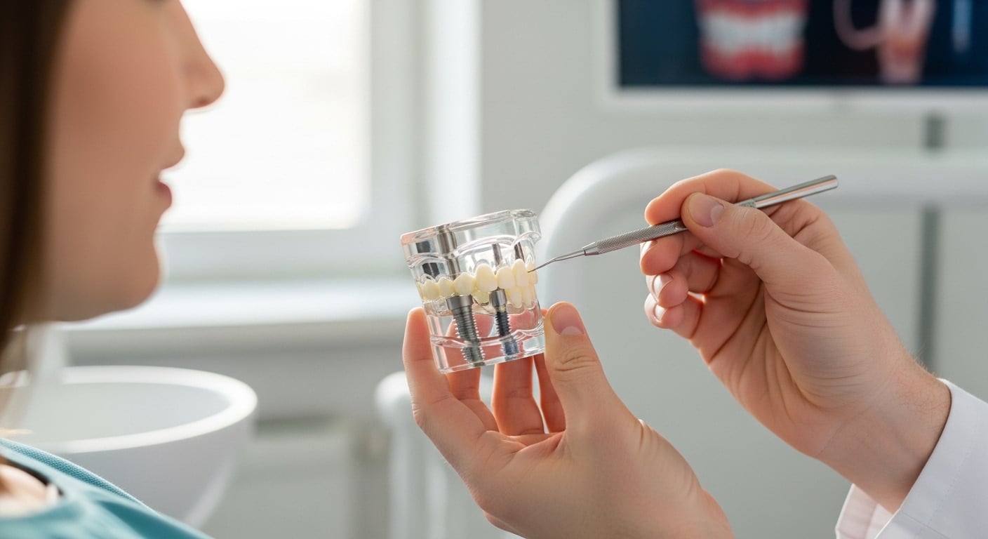 Dentist explains tooth implant screw to a patient in a modern dental office