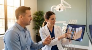 Dentist consulting with a patient about metal dental implants in a modern clinic.