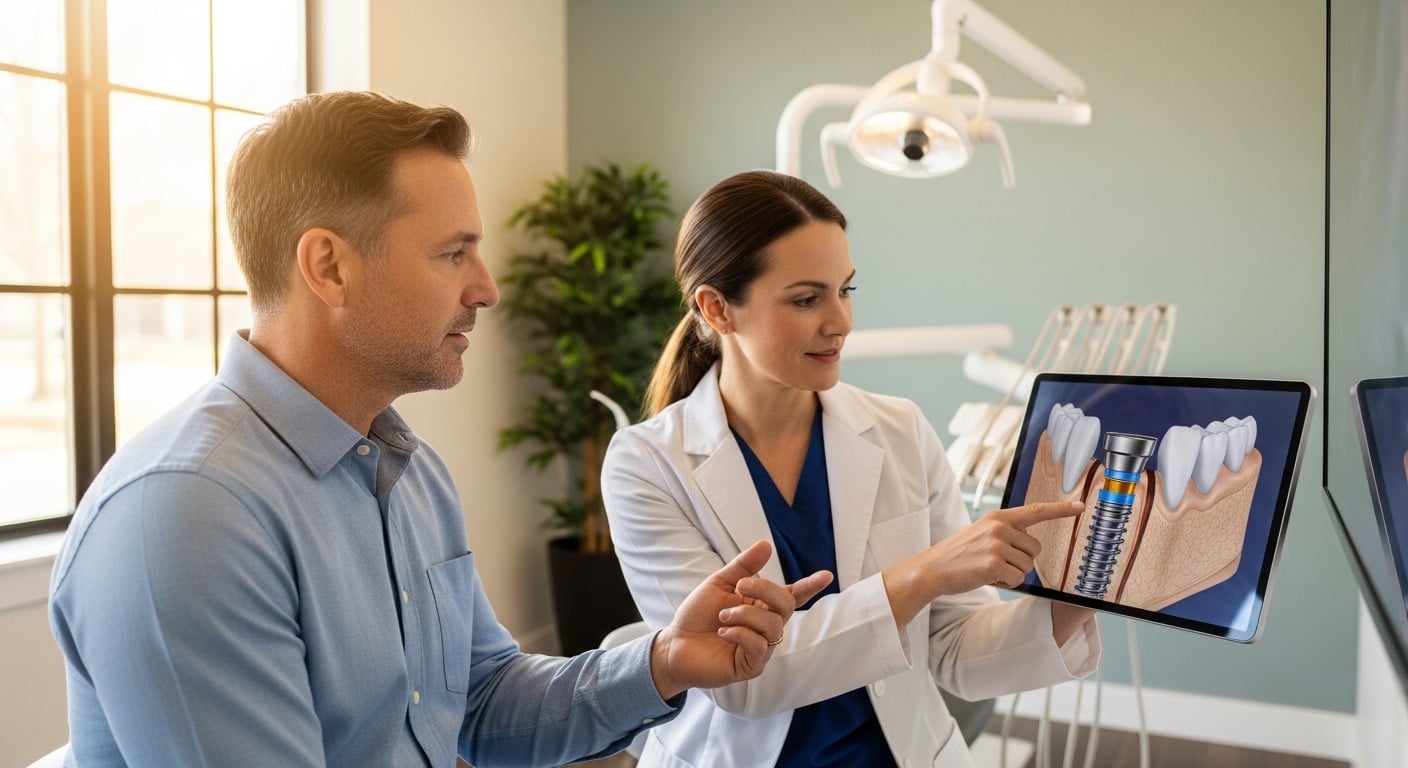 Dentist consulting with a patient about metal dental implants in a modern clinic.