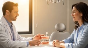 Dentist explaining dental implants to a patient in a modern clinic