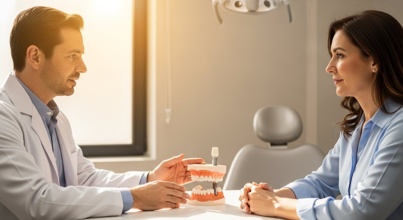 Dentist explaining dental implants to a patient in a modern clinic