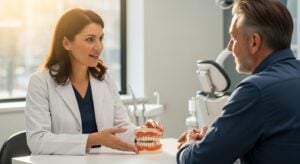 Dentist discussing tooth sensitivity treatment with a patient