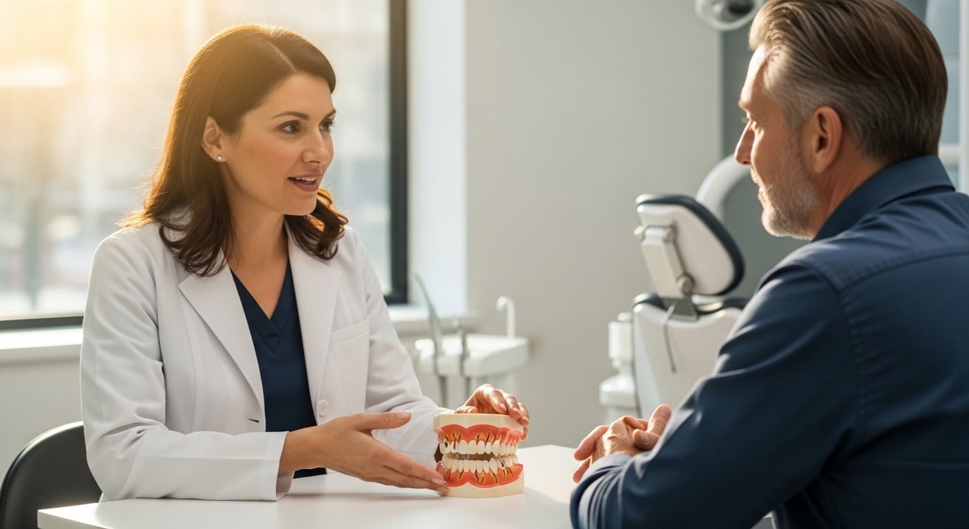 Dentist discussing tooth sensitivity treatment with a patient