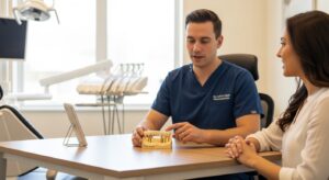 Dentist and patient discussing dental bridge options using 3D model