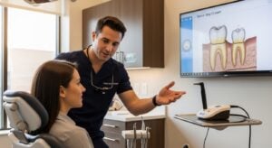 Dentist explaining same-day crown process in a modern dental office