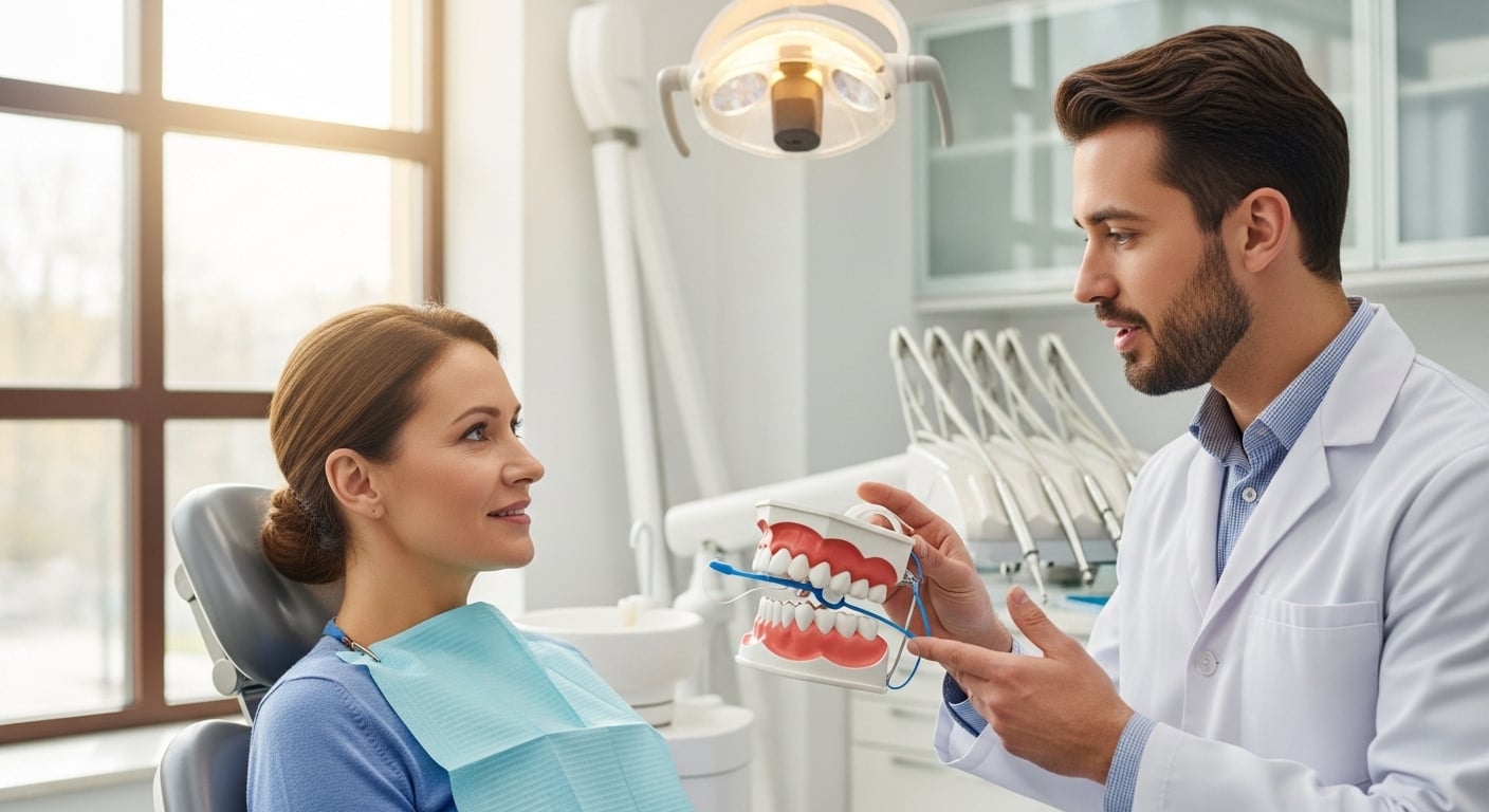 Dentist advising adult patient on cavity prevention in modern clinic
