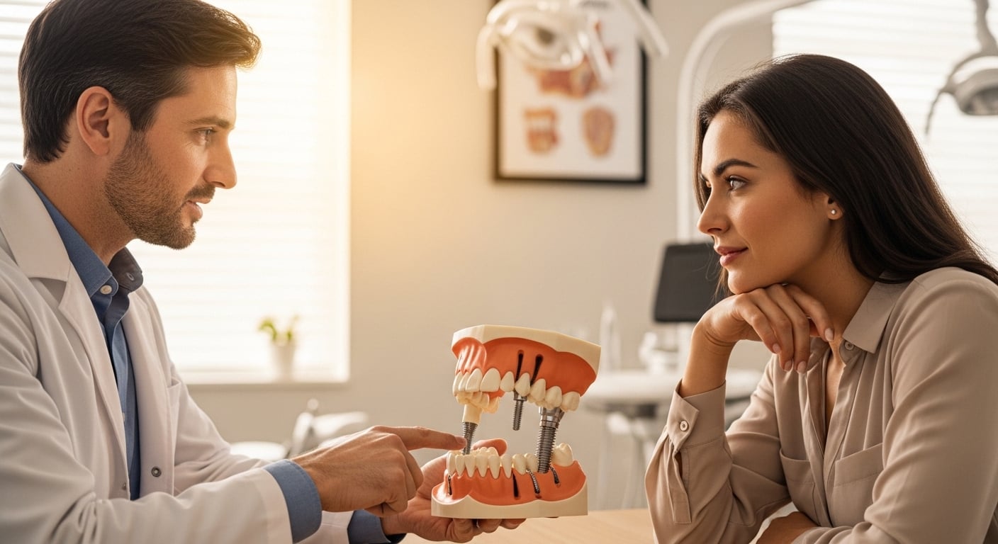 Dentist consulting with patient about dental implants in office