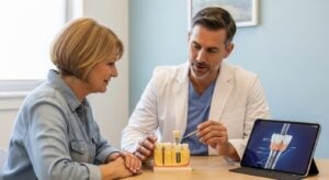 Dentist explaining dental implant screws to a patient in a modern clinic