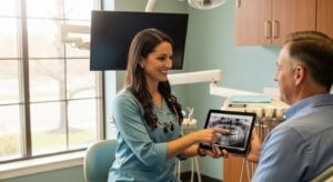 Patient consulting with a dentist at Harmon Dental Center, showcasing modern equipment.